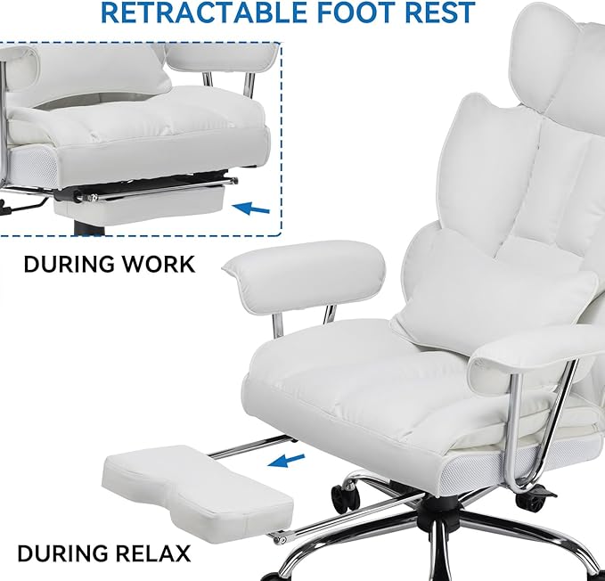 Efomao Big and Tall Office Chair 400lbs – High Back PU Leather Executive Chair with Lumbar Support, Footrest, Swivel Base, Padded Armrests, and Rolling Wheels for Home Office, White Computer Chair