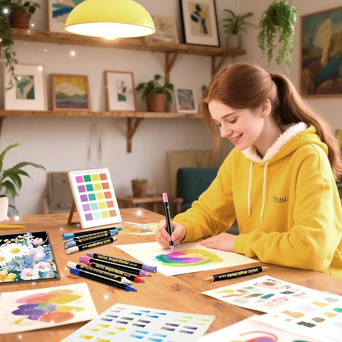 120 Colors Acrylic Paint Markers - Dual Tip Brush & Fine Fabric Paint Pens for Rock, Canvas, Ceramic, Wood, Glass, Textile, Paper - DIY Art Supplies for Artists, Kids, Adults, Holiday Decorations