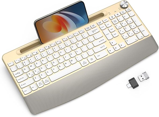 Ergonomic Wireless Keyboard with Wrist Rest-Low-Profile,Phone/Tablet Holder,Quiet Design，Windows & Mac OS，Full Size Cordless USB Computer Keyboard for Desktop,Laptop, PC, Mac, Windows-Gold