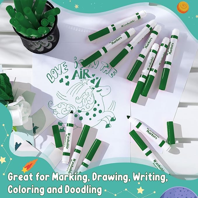 Janlaugh 60 Pcs green Washable Markers Bulk Coloring Broad Line Markers for Kids Conical Tip green drawing pens for Classroom Back to School travel Art baby shower gender reveal Supplies, Ages 6+