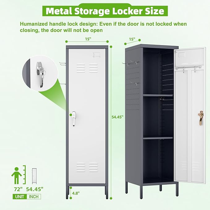 Aobabo Metal 54" H Metal Storage Locker for Employees, Lockable 1 Door with Towel Rack and 2 Side Pegboards with Hooks for Home School Office Gym, Assembly Required (Gray White)