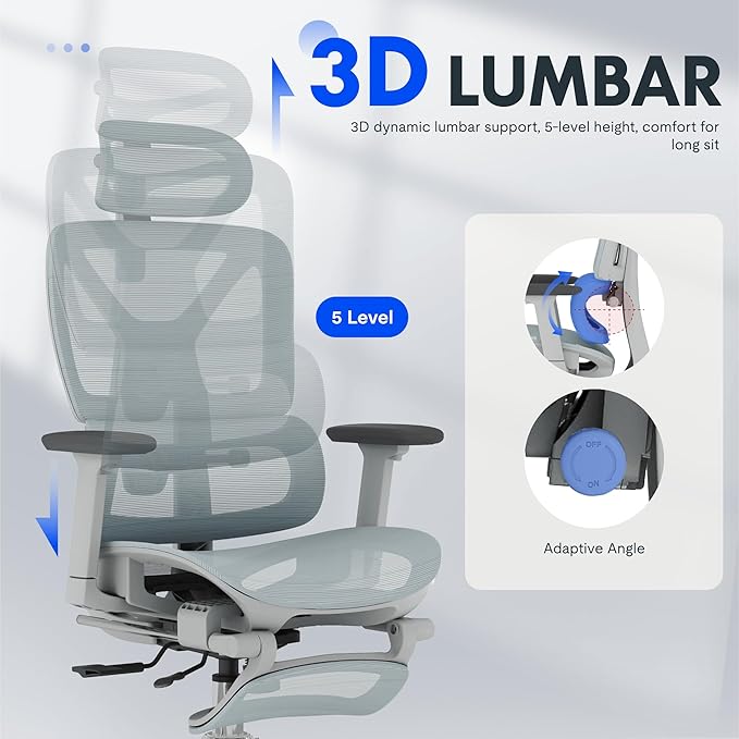 FLEXISPOT ErgoX Premium Ergonomic Office Chair with Footrest- Adjustable 3D Armrests, Dynamic Lumbar Support, Recline & Tilt Function, Mesh Seat, for Home & Office Use,Blue