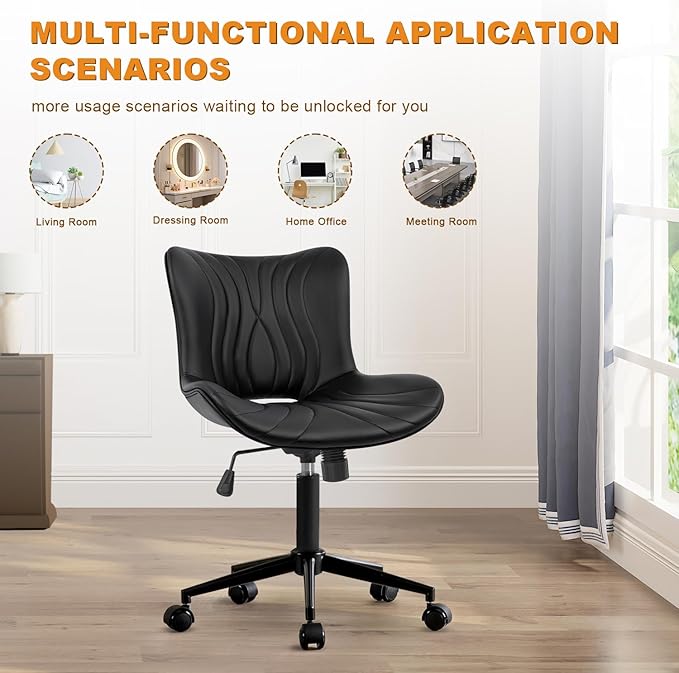 Office Chair, Armless Desk Chair with Wheels, Ergonomic Comfy Home Office Computer Task Chairs, Faux Leather Padded Cute Vanity Chair, Adjustable Height Swivel Chair with Back,Black