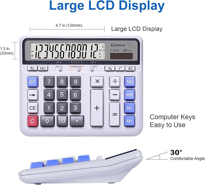Comix Desktop Calculator Solar Battery Dual Power with 12-Digit Large LCD Display and Large Computer Keys Standard Function Calculator for Home Office School, White(2 Pack)