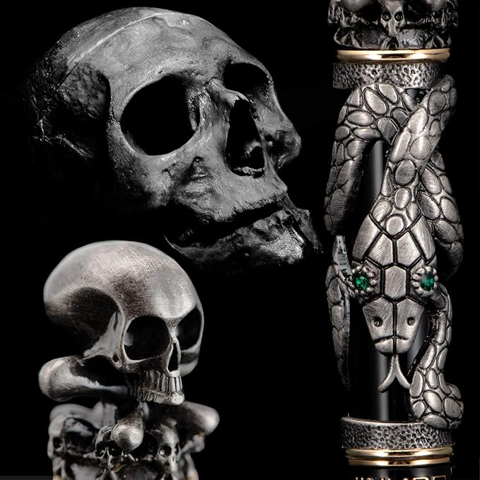 Jinhao Black Snake Fountain Pen Extra Fine Nib Retro Style with Skull Head Solid Metal and Paper Pen Case Set