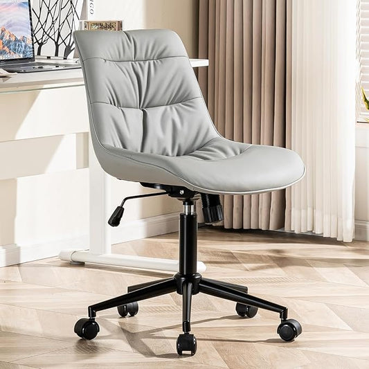 Kidol & Shellder Faux Leather Office Chair, Adjustable Swivel Height Task Chair, Rolling Wheels & Soft Backrest - Armless Ergonomic Desk Chair for Home, Office,Vanity,Gaming（Gray）