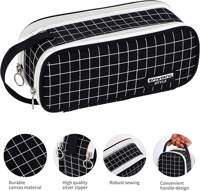 Large Pencil Case Zipper Pencil Pouch for Girls Boys Adults Kids Aesthetic Pencil Bag Organizer Big Capacity Pens Bag with Handle Portable for School Office Black-plaid