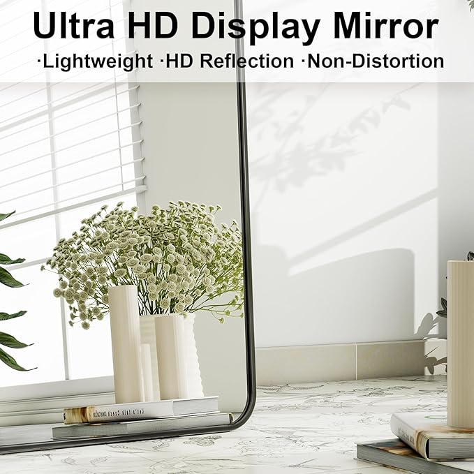 HARRITPURE 56" x 21" Rounded Full Length Mirror Aluminum Frame Black Mirror Full Length Floor Mirror with Stand for Living Room Bedroom Cloakroom