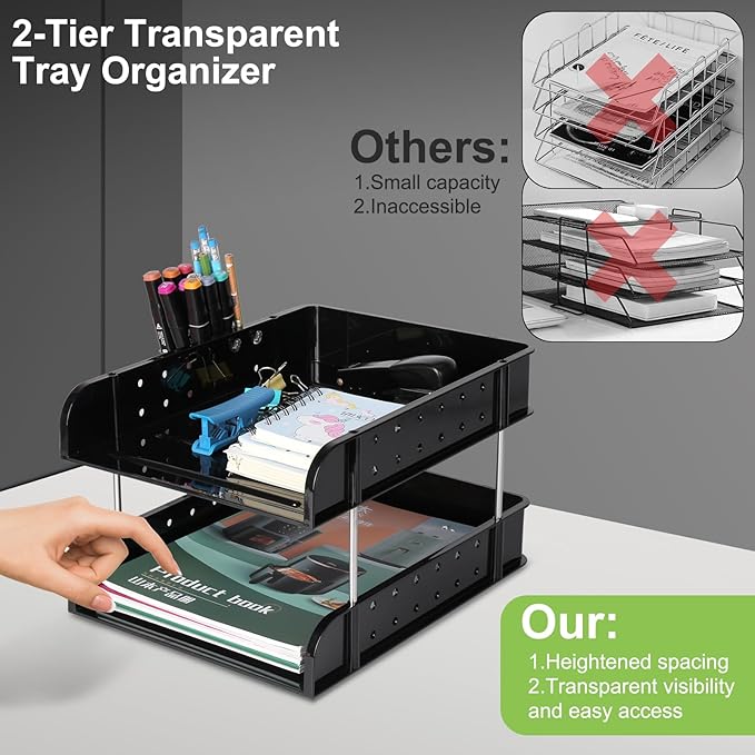 Stackable Letter Tray Papers Organizers, A4 Size Desk Organizer Tray for Letter Paper Stationery Desk Accessories, Plastic Black Paper Holder File Organizer for Office, School, Home (Dark Black)