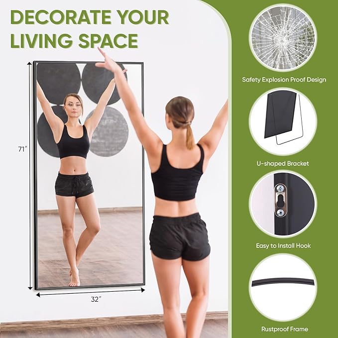 Full-Length Floor Mirror with Stand, 71"x32" Rectangle Style Full Body Standing Mirror for Bedroom, Living Room, Gym, Dorm - Shatter-Resistant & Easy Assembly, Black