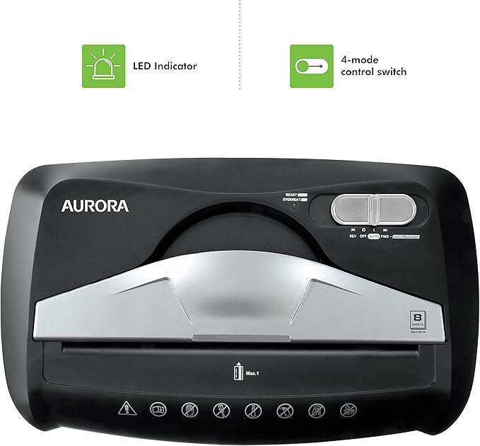 Aurora High Security Paper and Credit Card Shredder with 3.7-Gallon Wastebasket, 8-Sheet Cross-Cut with Basket