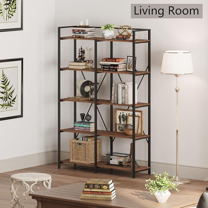 BON AUGURE Industrial Bookshelf, Bookcases and Bookshelves Etagere, Tall Large Farmhouse Book Shelves, 5 Tier Open Bookcase, Wood Metal Shelving Unit for Bedroom, Office (Rustic Oak)
