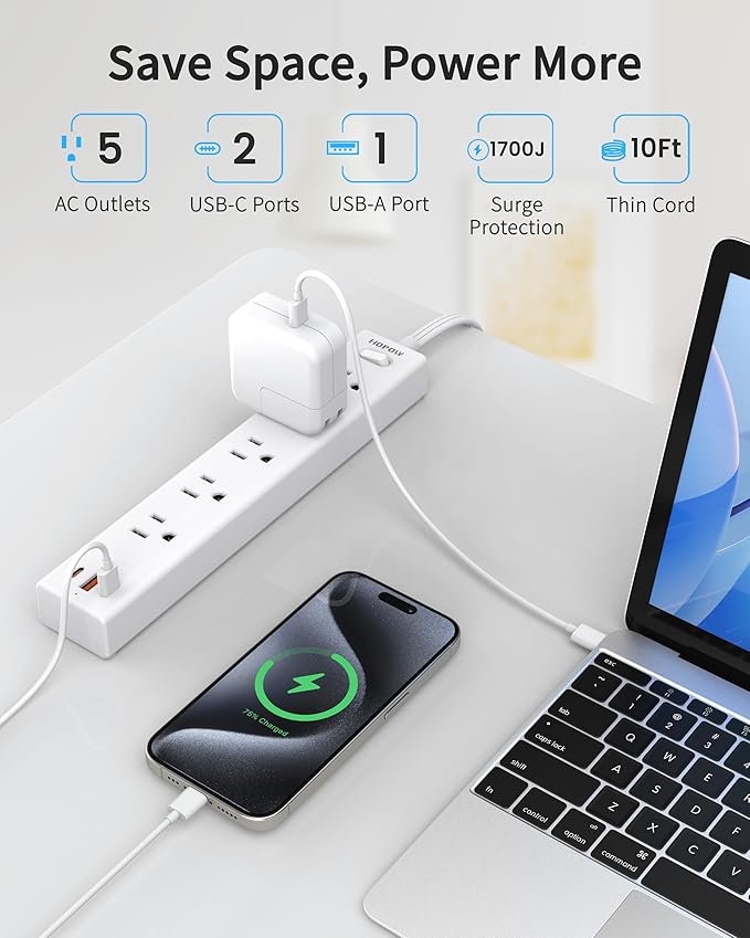 Flat Plug Power Strip, 10 Ft Ultra Thin Flat Extension Cord, Surge Protector with 5 Outlets & 3 USB Ports (2 USB C), 1700 Joules, Wall Mount, Desktop Charging Station for Home Office Dorm, White