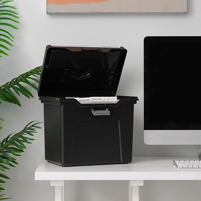 IRIS USA File Box with Lid File Organizer for Letter File w/ Organizer-Lid, Water Resistant Document Box, Plastic Mobile Filing Organizer, Secure Buckle, Portable Handle, Lockable, Black 4 Pack