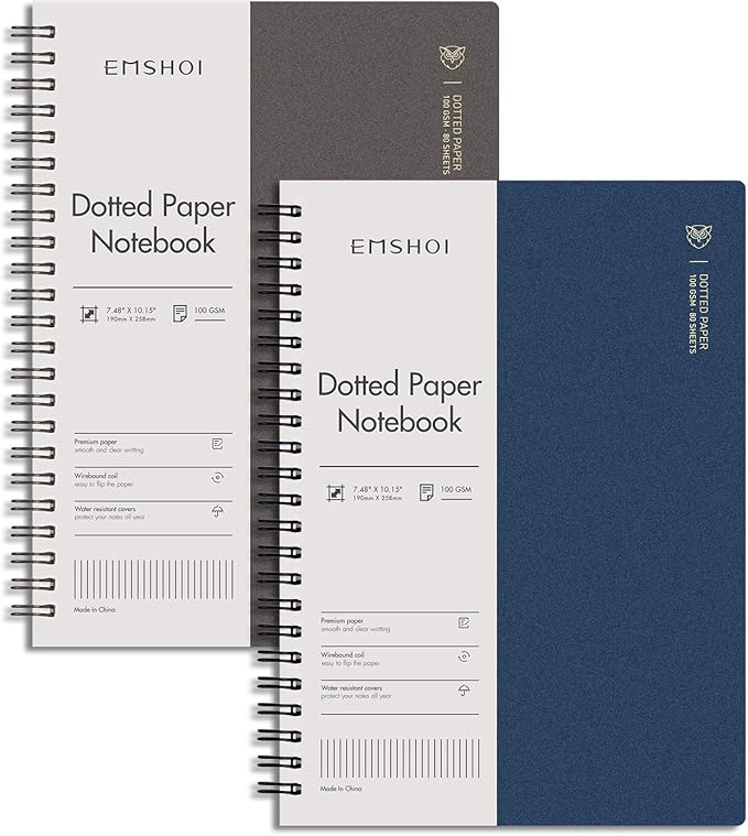 EMSHOI Dotted Journal Spiral Notebook 7.48" x 10.15" - 2 Pack 320 Pages 100gsm Thick Paper, B5 Dot Grid Notebook, Plastic Hardcover Journals for Writing Drawing