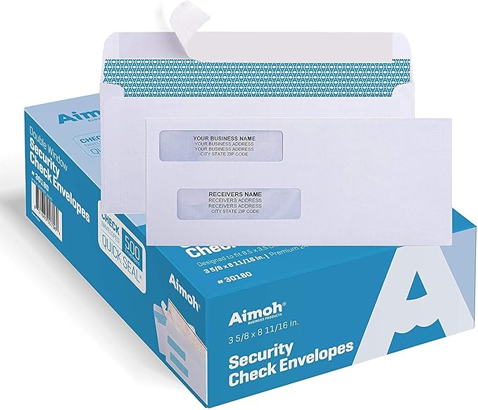 Aimoh 500#8 Double Window Self Seal Security Envelopes - for Business Checks, QuickBooks & Quicken Checks, Size 3 5/8 x 8 11/16 Inches - Checks Fit Perfectly - Not for Invoices, 500 Count (30180)