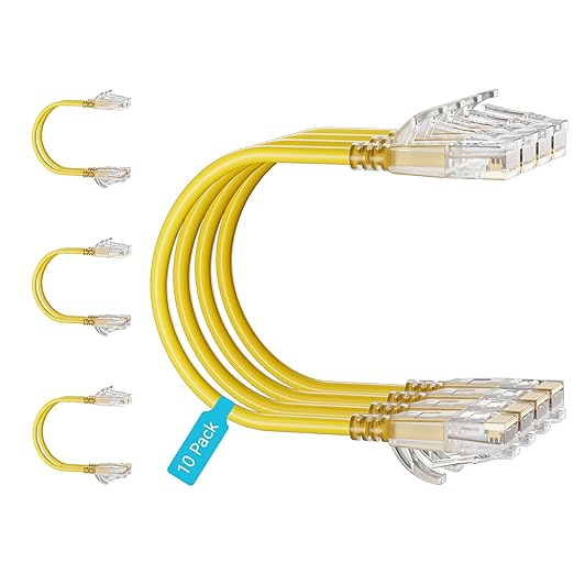 Cat6 Slim Patch Cables 2 Feet 10-Pack Yellow, Cat6a Patch Cables 10Gbps 550MHz by Unknown