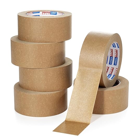 ADHES Heavy Duty Kraft Paper Tape, 2 Inch x 43 Yards, 6 Rolls Eco Friendly & Biodegradable, Writable & Uncoated Brown Packing Tape Paper Packing Tape for Masking, Sealing, and Packaging Use,