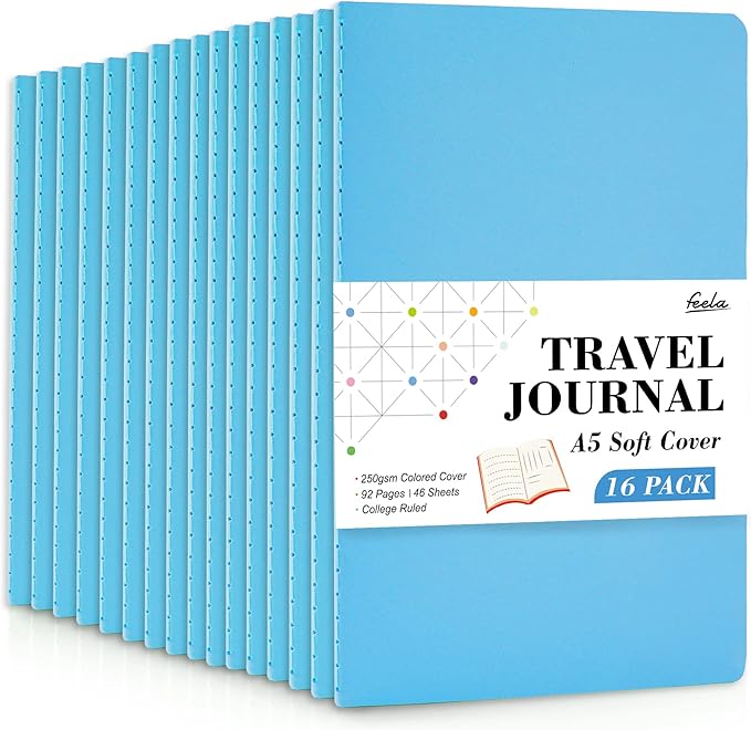 feela 16 Pack Soft Cover Journal Bulk, Lined Notebooks College Ruled for Work for Women Girl Writing, Blank Travel Journal Note Taking Notebook School Business Supplies, 8.2” x 5.5”, A5, Blue