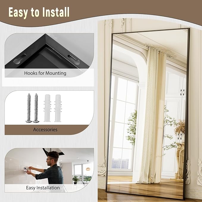 GLSLAND-38 x 77" Rectangular Full Length Mirror - Large Floor Mirrors Aluminum Alloy Frame Full Body Dressing Mirror for Bedroom, Living Room,Black