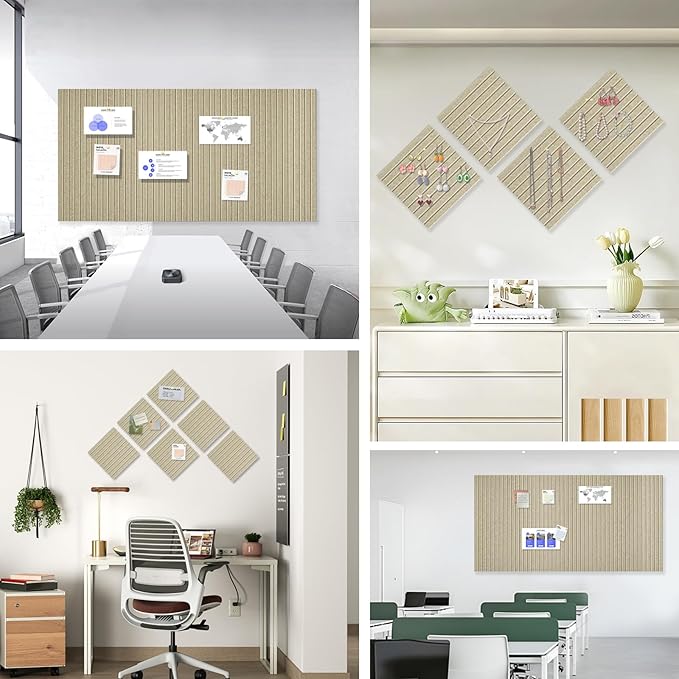 Large Cork Board for Office, 8 Pack Felt Wall Tiles with Slat Wall Paneling, Felt Bulletin Board Pin Board Cork Boards for Walls (Tan)