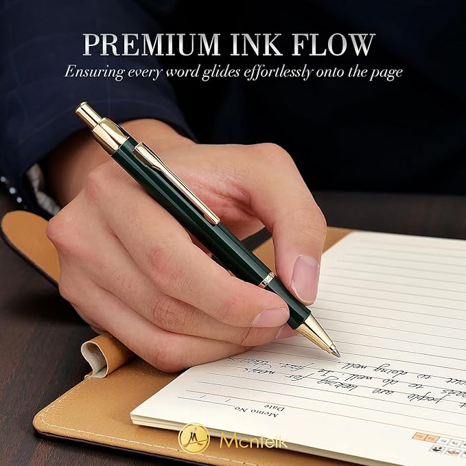 Green lacquer Gel Pen With 24K Gold Finish, Retractable, Gift Pen Set, Black Ink Refill, Professional, Elegant, Writing, Executive, Nice Fancy Designer Pens, Perfect for Men and Women