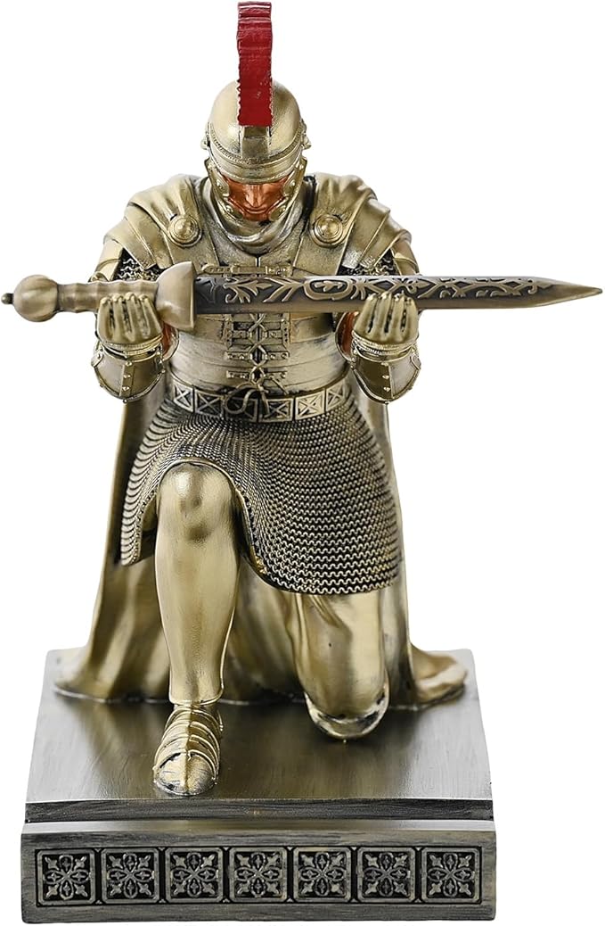 Roman Praetorian Prefect Warrior Knight Pen Holder Desk Ornament Resin Praetorian Guard Mobile Phone Stand Desk Accessories and Organizer for Office with a Letter Opener (Bronze)