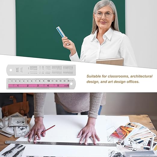 HARFINGTON 6pcs Metal Straight Ruler 15cm Metric SAE Aluminum Alloy Measuring Rulers Scale Tools with Hole for Measure Study Reading Classroom Office, Pink