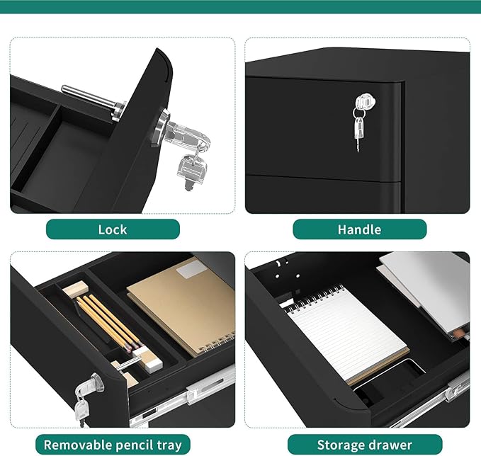 YITAHOME 3-Drawer Metal Filing Cabinet Office, Compact Portable Slim File Cabinet Drawers with Keys, Pre-Built Office Storage Cabinet for A4/Letter/Legal (Black)