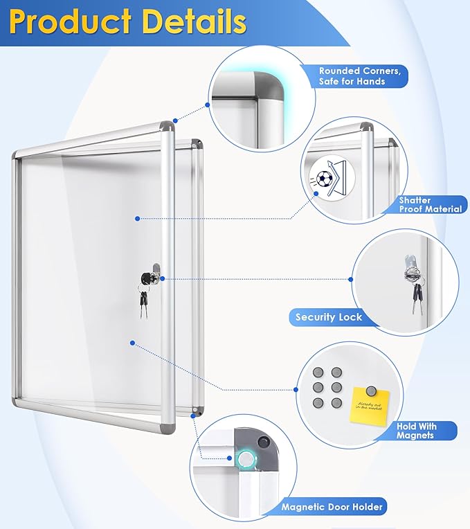 SWANCROWN Enclosed Bulletin Board Dry Erase Noticeboard Lockable Display Boards White with Aluminium Frame 20x14inch(2xA4)