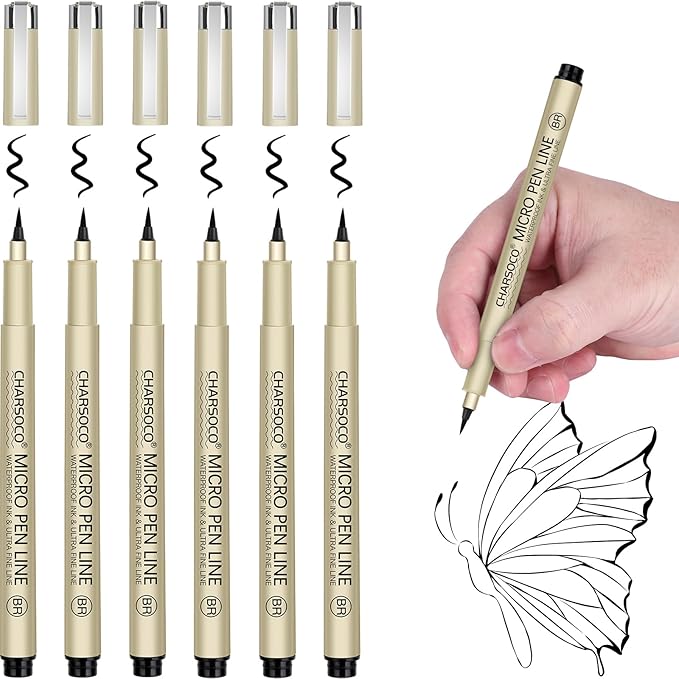 BR Micro Pen, 6 Pack Black Fine Point Pen with Waterproof Archival Ink, 1-5mm Fineliner Ink Pens for Artist Illustration, Sketching, Anime, Manga, Technical Drawing and Scrapbooking