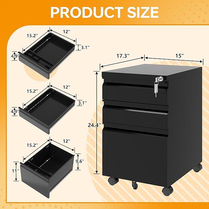 STANI 3 Drawer Mobile File Cabinet with Lock Rolling Mobile File Cabinet Locking Office Mobile Cabinet with Wheels Under Desk Office Drawers Metal Filing Cabinet Fully Assembled
