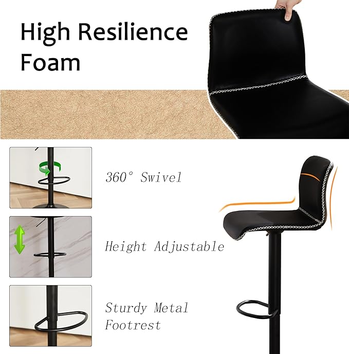 HeuGah Bar Stools Set of 6, Swivel Counter Height Barstools with Back, Adjustable Height 24" to 32", Black Faux Leather Bar Chairs for Kitchen Island (Black, Set of 6 (24'' to 32''))
