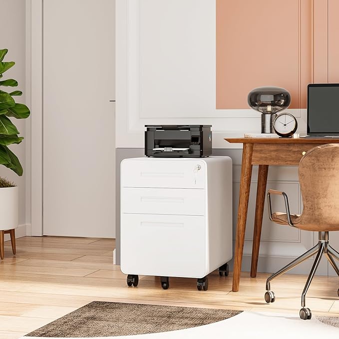 Rolling File Cabinet with Lock, 3 Drawer Metal Mobile Filing Cabinet Office Under Desk for Legal/Letter Size, Fully Assembled Except Casters