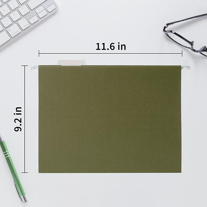 25 Packs Hanging File Folders,Standard Green File Folders for Filing Cabinet,1/5 Adjustable Tabs & Labels,Bulk File Organizer for Office,School,Home