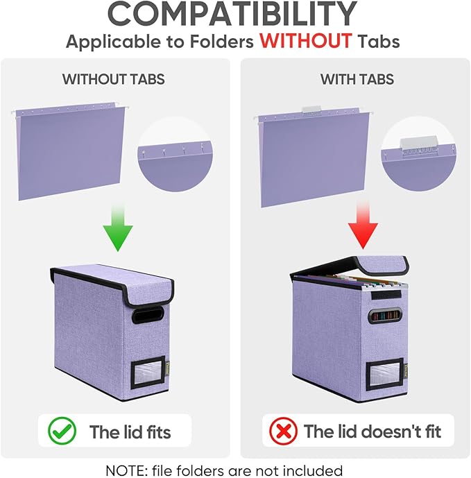 BALEINE File Organizer Box with Lid, Collapsible File Folder Organizer with Plastic Slide, Hanging File Folder Box for Office Document Storage (2 Pack, Purple, S)