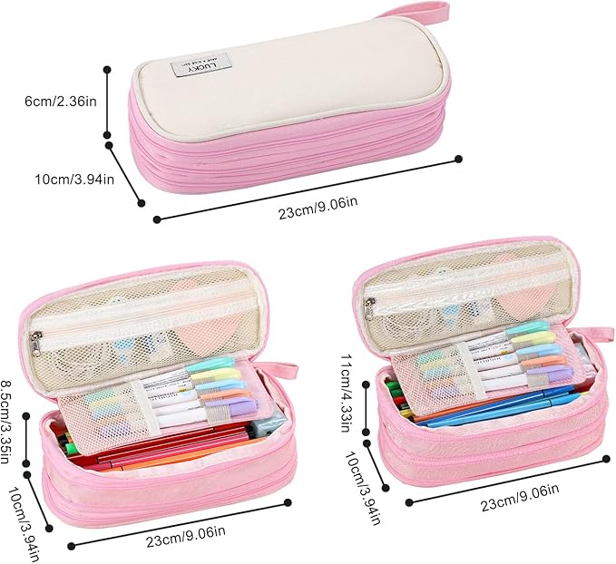 Big Pencil Case Zipper Pencil Pouch Organizer Large Capacity Pen Bag with Handle Portable for Girls Kids Adults Gift Pen Case for School Home Office Light-pink