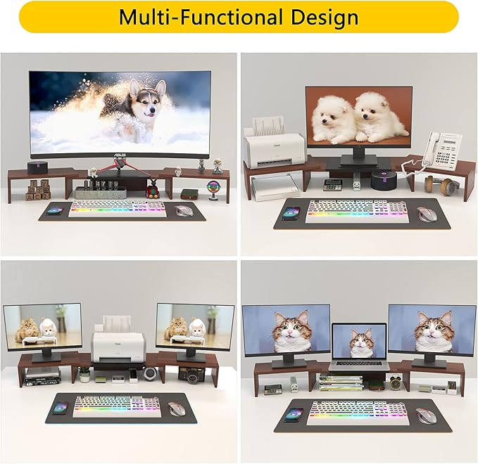 WESTREE Triple Monitor Stand Riser - Extra Long, Adjustable Length & Angle, 3 Shelf Desktop Storage for 1-3 Monitors