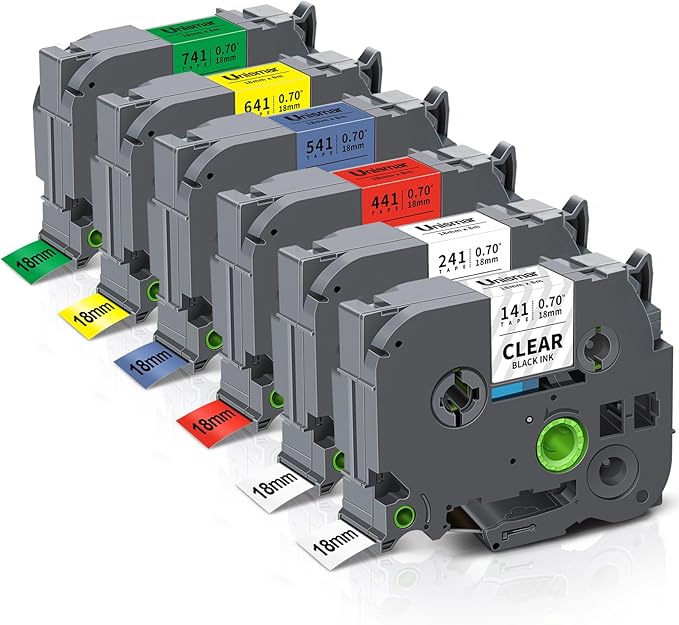 6PK TZe TZ Tape 18mm 0.7" Laminated Colored Compatible for Brother P Touch Label Maker Tape TZe-241 141 441 541 641 741 Work for PT-D400 D600 D410 D400 PT-D610BT, White/Clear/Red/Blue/Yellow/Green