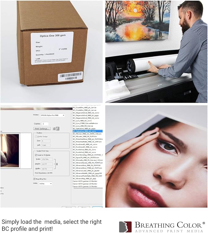 Optica One is a Luxurious 300 gsm Smooth Matte Fine Art Inkjet Paper Featured in a 44"x 40' Roll Its Bright White Color Makes It Ideal for Black and White and Color Prints 100% Archival Certified