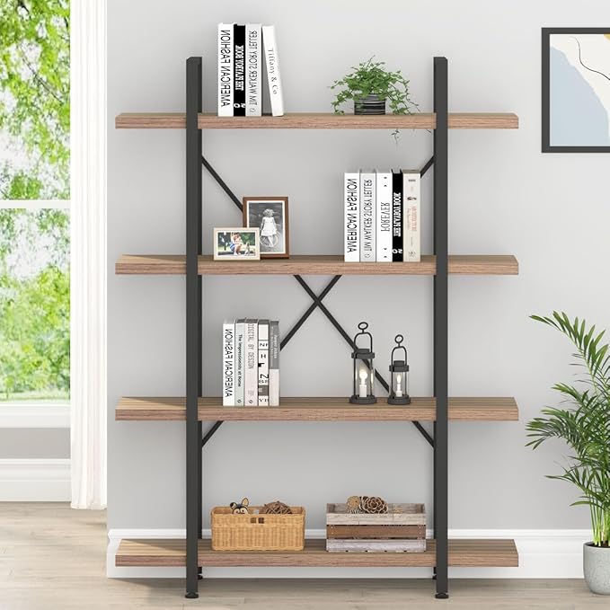 HSH Industrial 4 Tier Bookshelf, Modern Metal and Wood 4 Shelf Bookcase Etagere, Farmhouse Open Wide Display Storage Bookshelves and Bookcases Heavy Duty for Bedroom Living Room Office, Rustic Oak