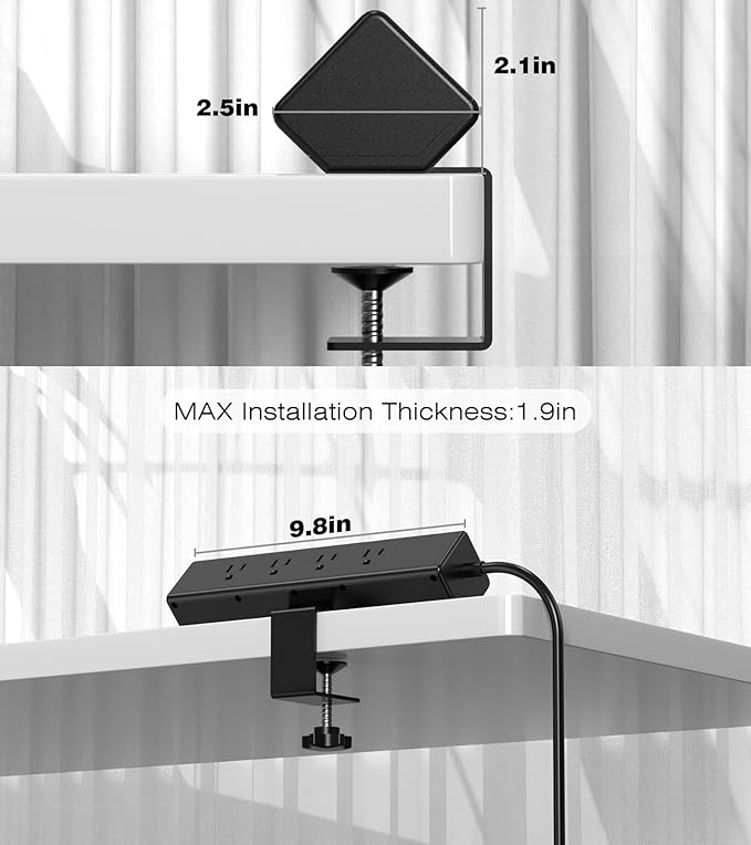 40W Fast Charging Station,Desk Clamp Power Strip,4 USB-C Ports & 8 AC Outlets,Desktop Edge Mount Surge Protector Power Strip,14AWG Heavy Duty Cord,Fit 1.9" Tabletop Edge for Home Office(10Ft Cable)