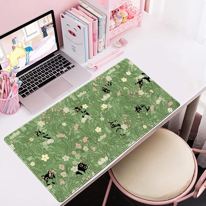 Green Desk Mat XL Cat Cute Plant Cool Desk Pad Keyboard Mat Kawaii Black Cat Flower Mouse Pad Green Desk Mat Desk Decor with Stitched Edges Non-Slip Large Computer Mat 31.5x15.7in
