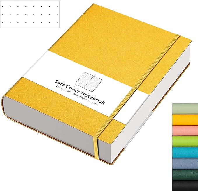 AHGXG Bullet Dotted Journal - 320 Pages Dot Grid Notebook B5 Large Journal, 7.6'' X 10'', 100gsm Thick Dotted Paper, Leather Softcover, with Journal Stencils, Inner Pocket - Yellow