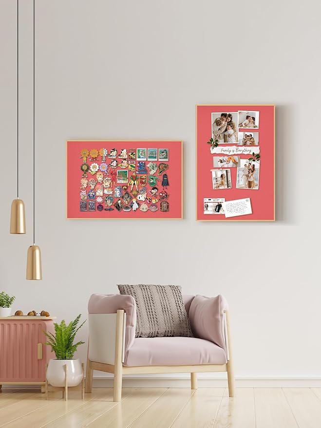 Bulletin Board 23.6 x 17.7 inches, Coral Red Pin Board, Golden Aluminum Framed Fabric Cork Board with 10 Push Pins