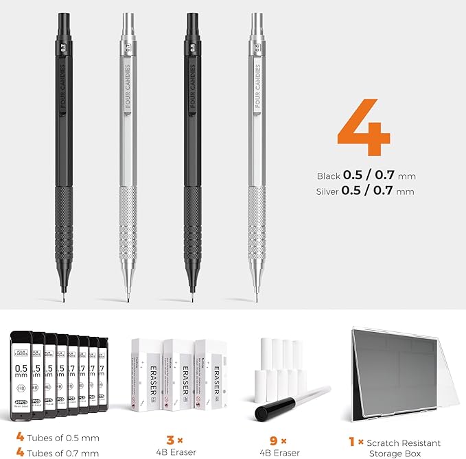 Four Candies 4PCS Metal Mechanical Pencils Set with Case, 0.5mm & 0.7 mm Artist Pencil with 8 Tubes (480PCS) HB Lead Refills, 3 Erasers,9 Eraser Refills For Writing Drafting, Drawing, Black&Silver