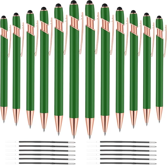 12 PCS 2 in 1 Stylus Ballpoint Pen with Stylus Tip, 1.0 mm Black Ink Metal Pen Stylus Pen for Touch Screens (Light Green)