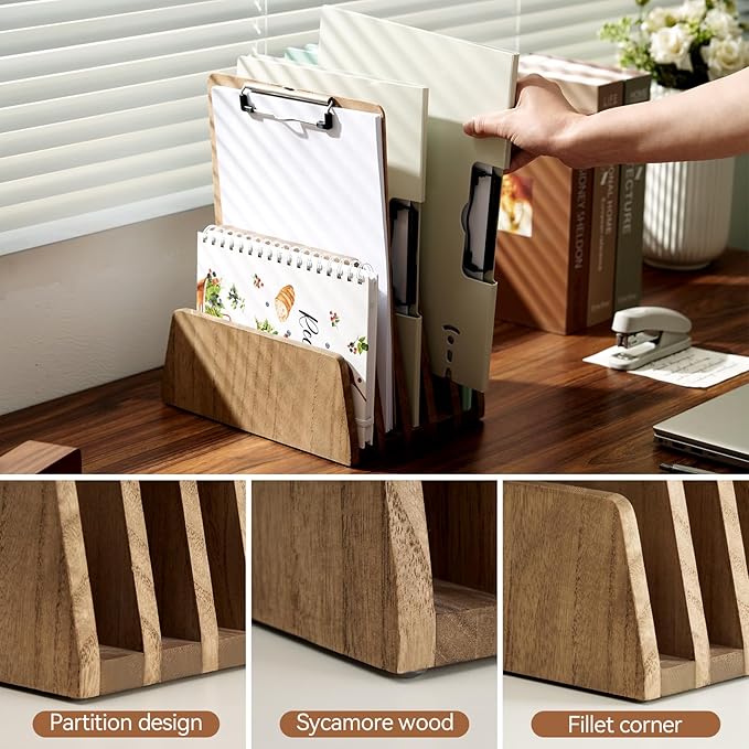 KIRIGEN Wooden Desk Mail Organizer 5 Slots File Paper Holder Desktop Wood Document Letter Holder Organizer for Home Office Dark Brown (5KWJJ-DBR)