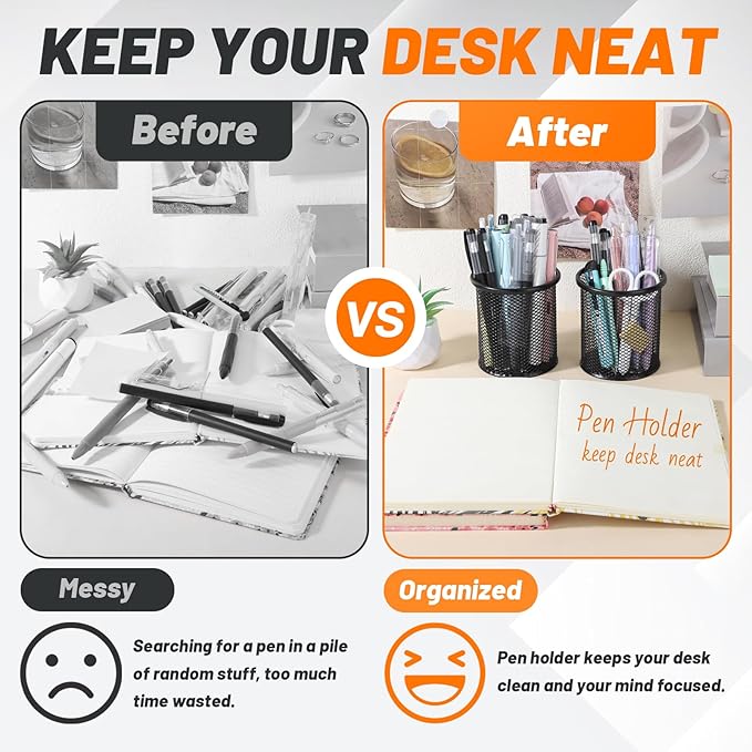 Segarty Pen Holder, 3 Pack Round Black Pen Cup Holder for Desk, Wire Mesh Pencil Containers Set for Office Supplies, School Maker, Home Desktop Accessories Organizer, Makeup Brush