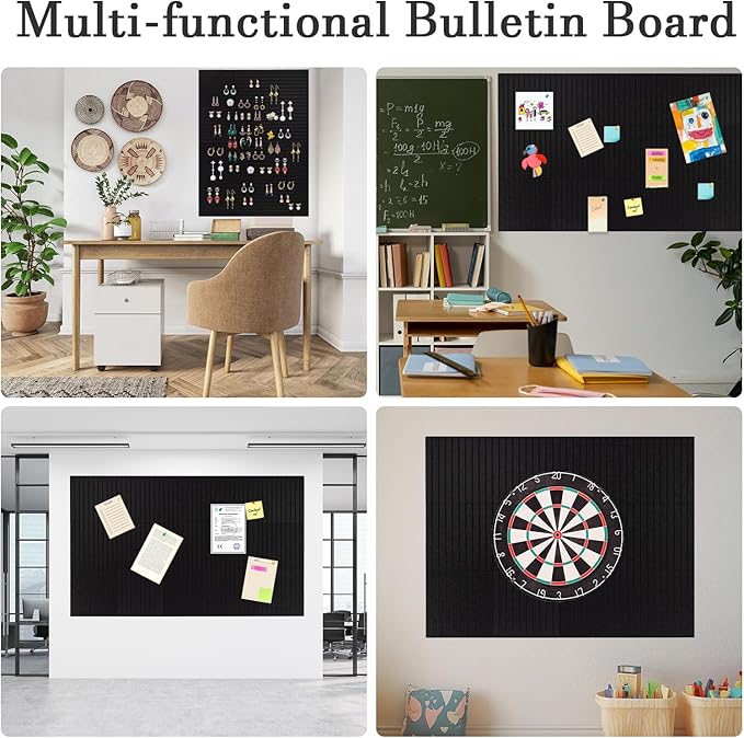 Large Cork Board Alternative, 12 Pack Felt Board with Safe Removable Adhesive Tabs Felt Wall Tiles, Large Cork Boards for Walls, Cork Board for Home Office, Pin Boards for Walls, Stripe Black